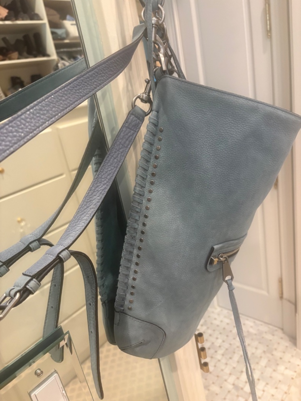 Rebecca Minkoff Blue Nubuck Leather Hobo Bag Studded Whipstitch new, never used - Picture 3 of 10